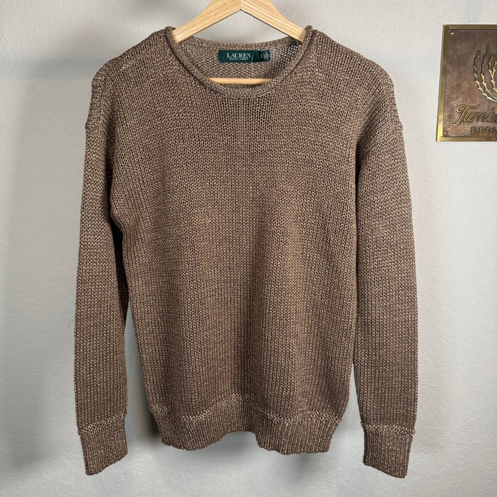 Lauren Ralph Lauren Womens Bronze‎ Gold Metallic Knit Crew Neck Sweater SP